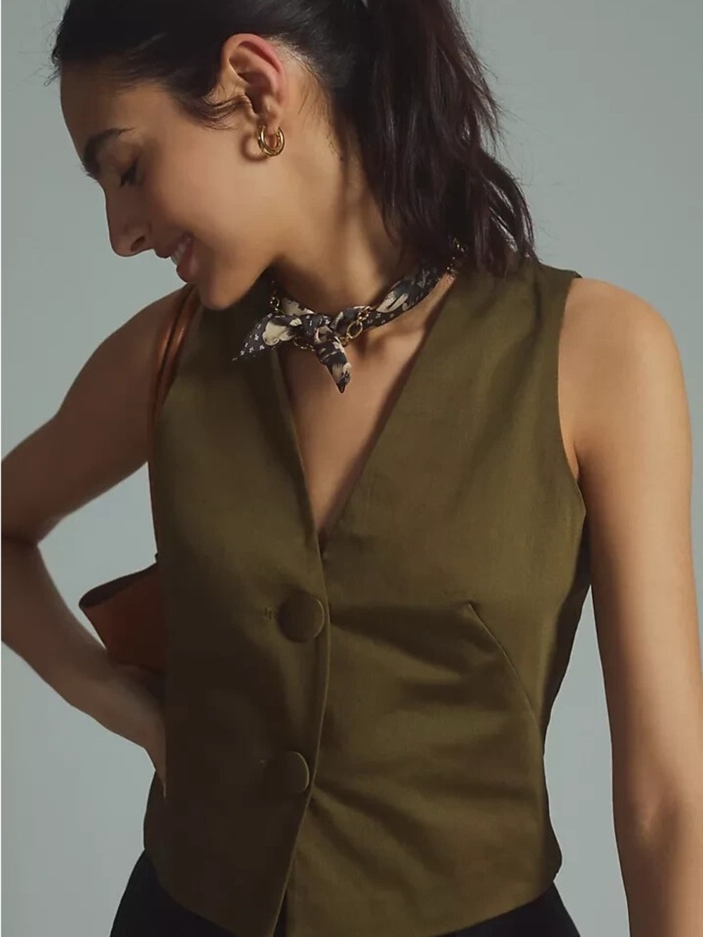 Maeve Anthropologie Olive Green Sleeveless Button-Front Vest Top
